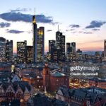 View of the Financial District of Frankfurt in the dusk.